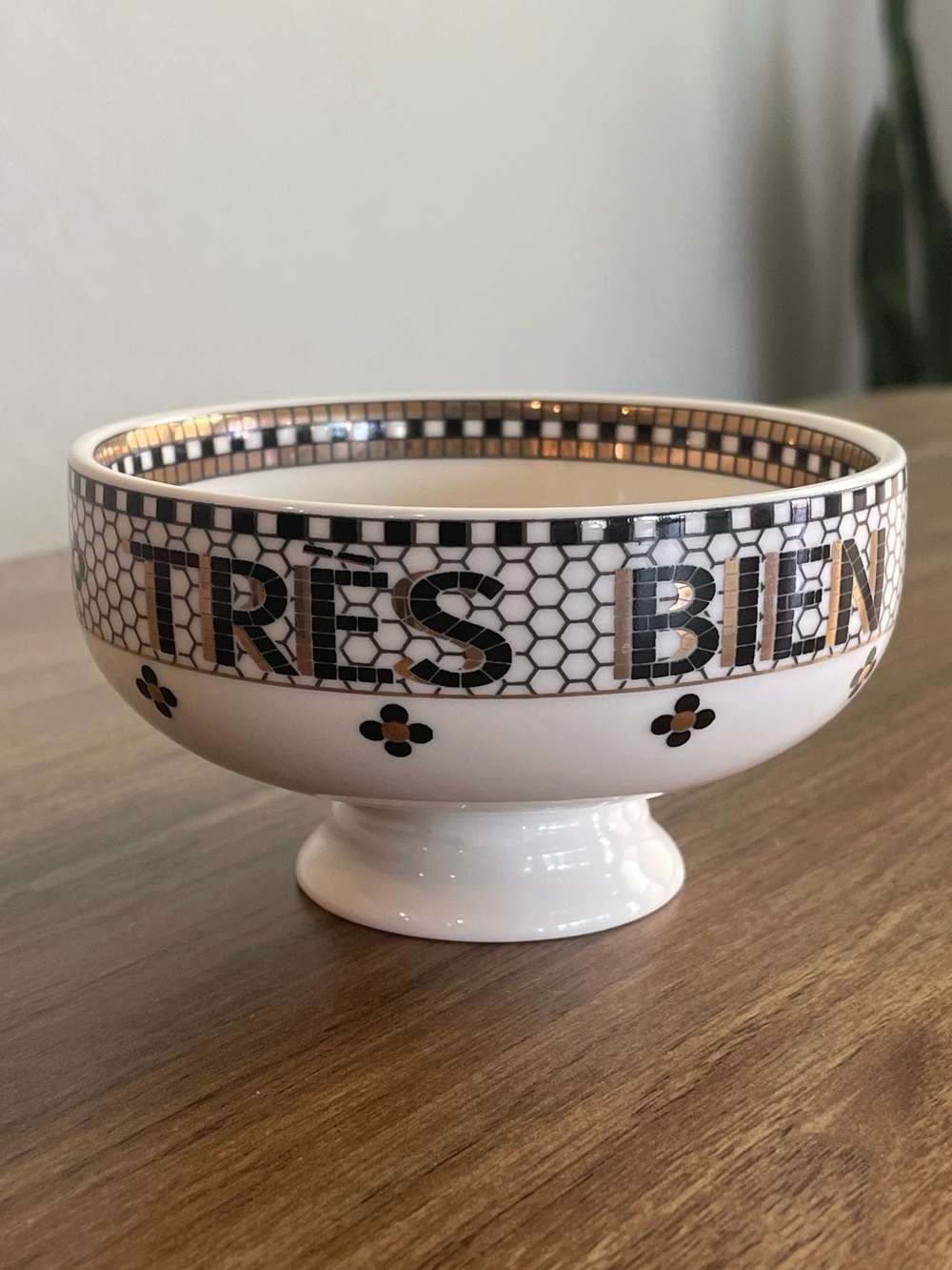 Anthropologie White Bowl with Black and Gold Mosaic Accents